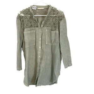 Micky's Women Army Green 100% Linen Button Up Shirt Large Lace Long Sleeve Italy